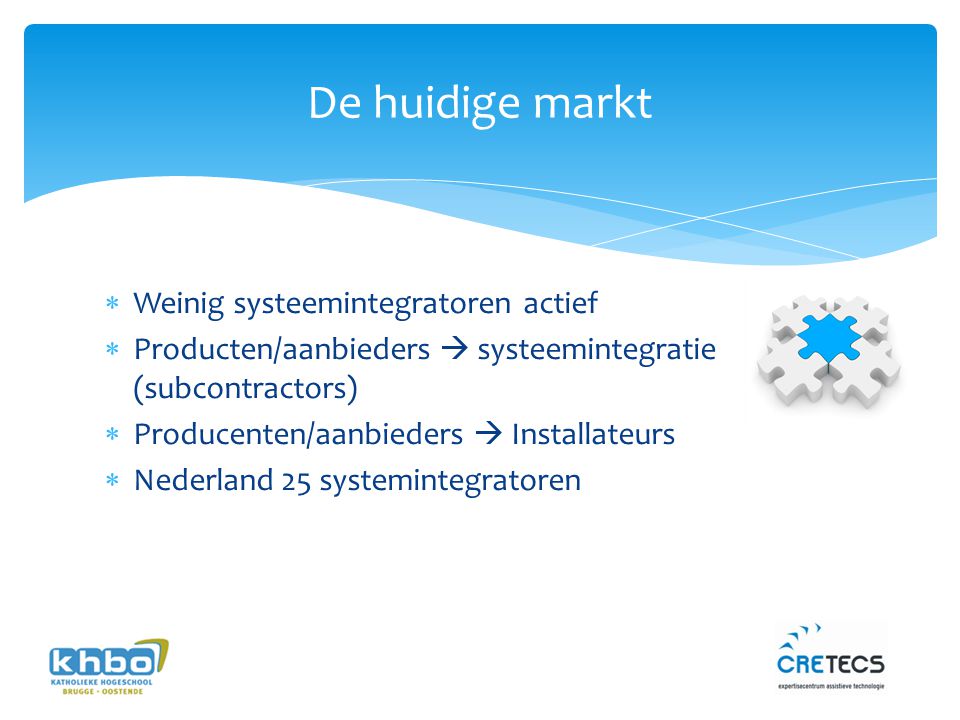 De huidige markt  Weinig systeemintegratoren actief  Producten/aanbieders  systeemintegratie (subcontractors)  Producenten/aanbieders  Installateurs  Nederland 25 systemintegratoren