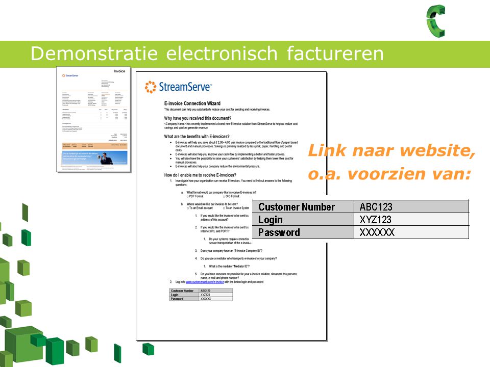Demonstratie electronisch factureren Link naar website, o.a. voorzien van: