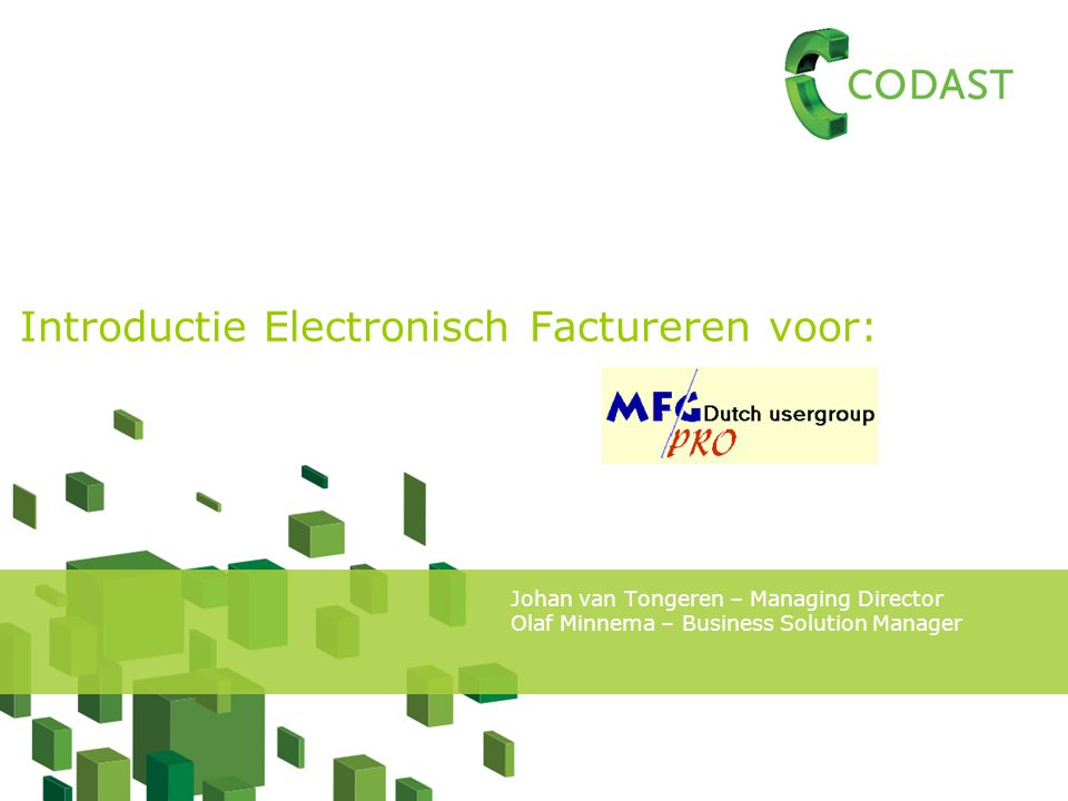 Introductie Electronisch Factureren voor: Johan van Tongeren – Managing Director Olaf Minnema – Business Solution Manager