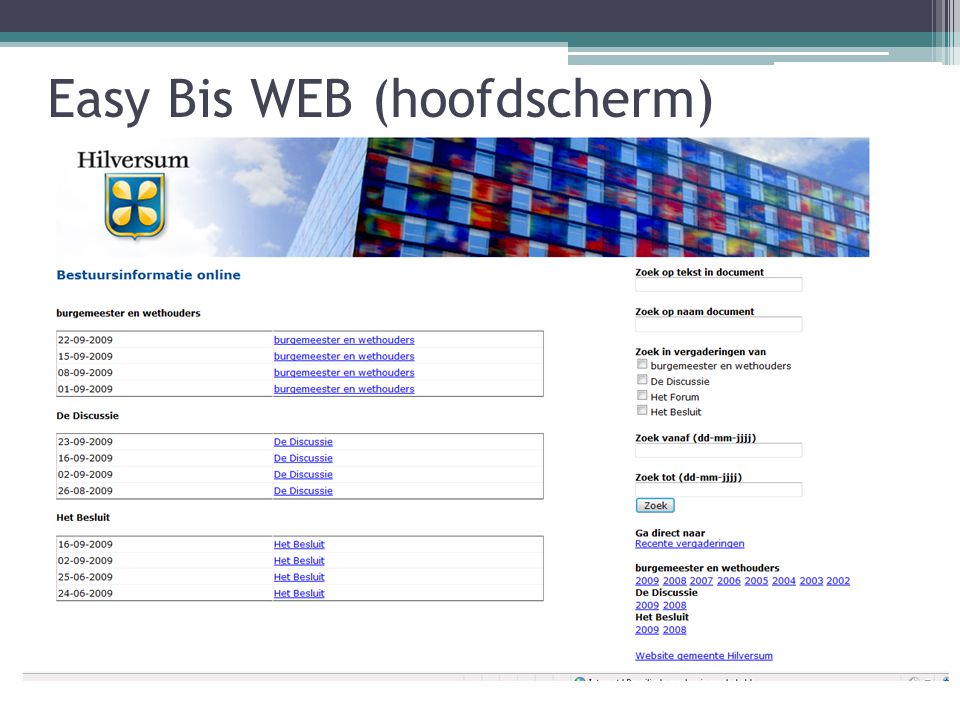 Easy Bis WEB (hoofdscherm)