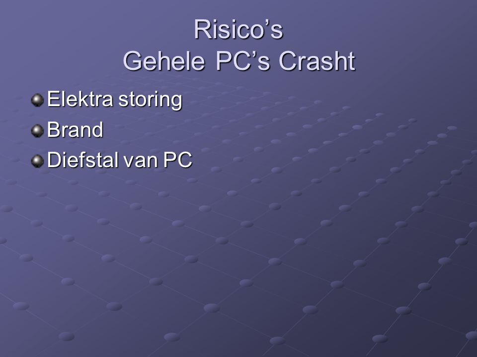 Risico’s Gehele PC’s Crasht Elektra storing Brand Diefstal van PC
