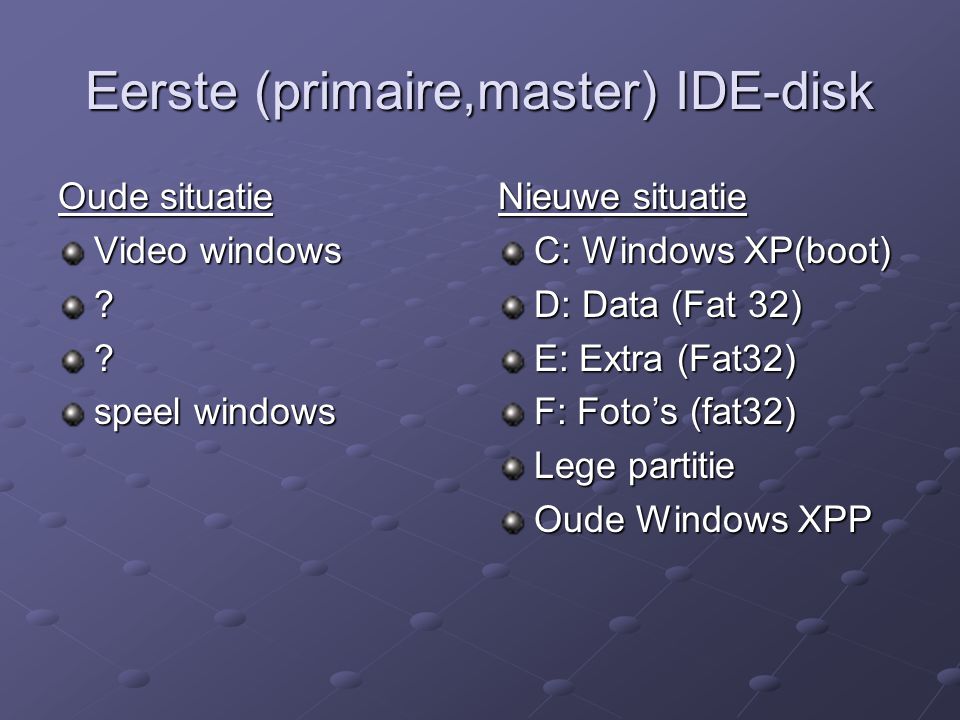 Eerste (primaire,master) IDE-disk Oude situatie Video windows .