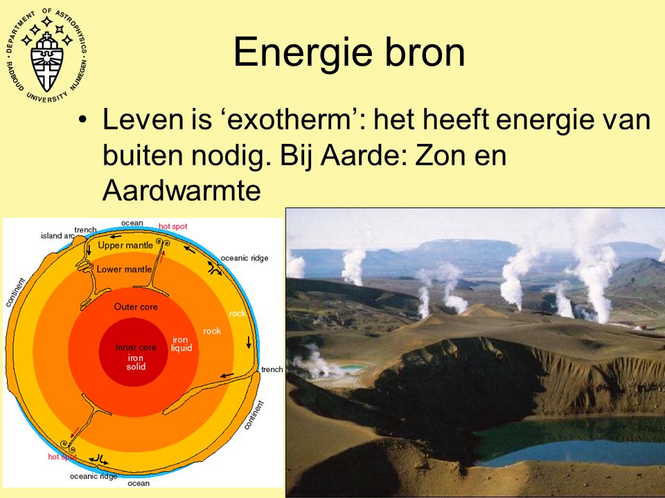 Energie bron Leven is ‘exotherm’: het heeft energie van buiten nodig. Bij Aarde: Zon en Aardwarmte