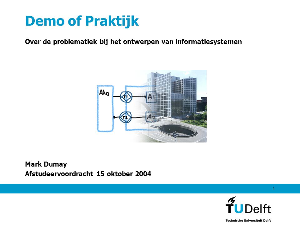 1 Demo of Praktijk Over de problematiek bij het ontwerpen van informatiesystemen Mark Dumay Afstudeervoordracht 15 oktober 2004