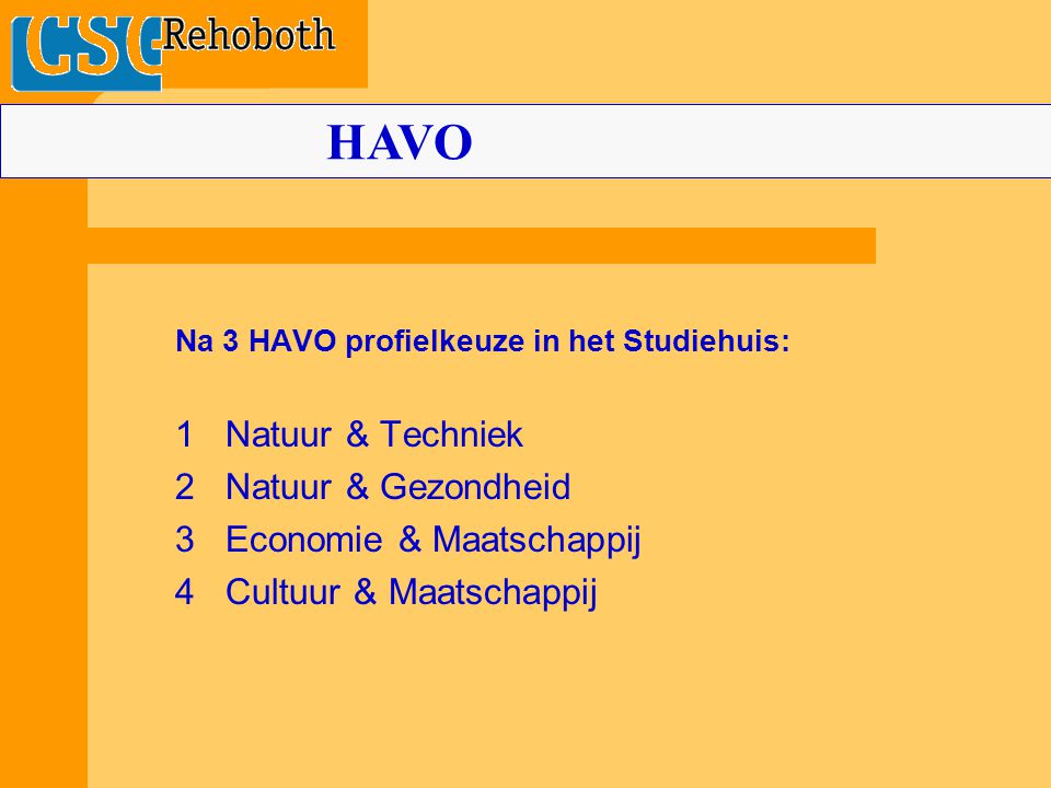 Na 3 HAVO profielkeuze in het Studiehuis: 1 Natuur & Techniek 2 Natuur & Gezondheid 3 Economie & Maatschappij 4 Cultuur & Maatschappij HAVO