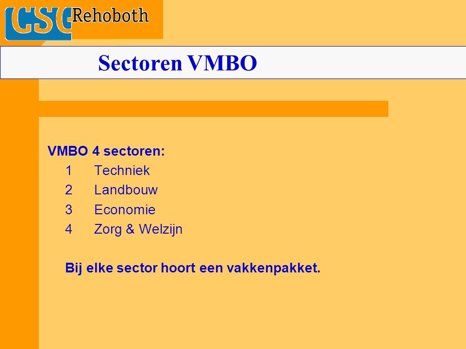 VMBO 4 sectoren: 1Techniek 2 Landbouw 3Economie 4Zorg & Welzijn Bij elke sector hoort een vakkenpakket.