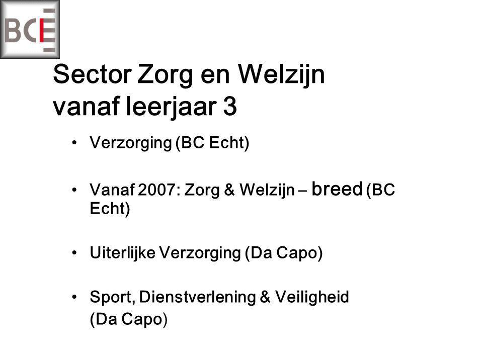 Sector Zorg en Welzijn vanaf leerjaar 3 Verzorging (BC Echt) Vanaf 2007: Zorg & Welzijn – breed (BC Echt) Uiterlijke Verzorging (Da Capo) Sport, Dienstverlening & Veiligheid (Da Capo)