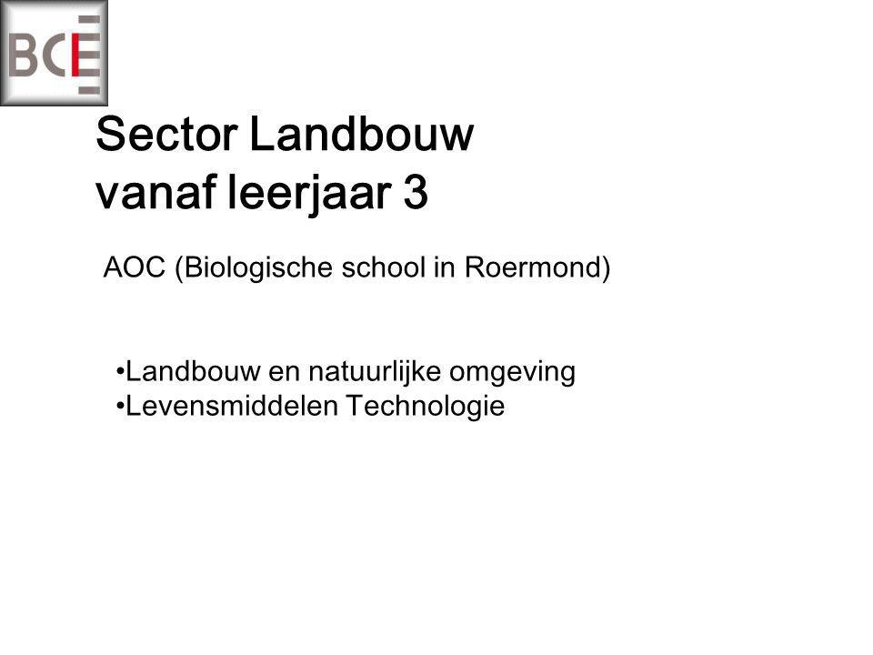 Sector Landbouw vanaf leerjaar 3 AOC (Biologische school in Roermond) Landbouw en natuurlijke omgeving Levensmiddelen Technologie