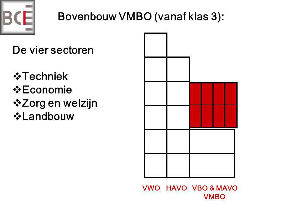 Bovenbouw VMBO (vanaf klas 3): De vier sectoren  Techniek  Economie  Zorg en welzijn  Landbouw VWOHAVOVBO & MAVO VMBO