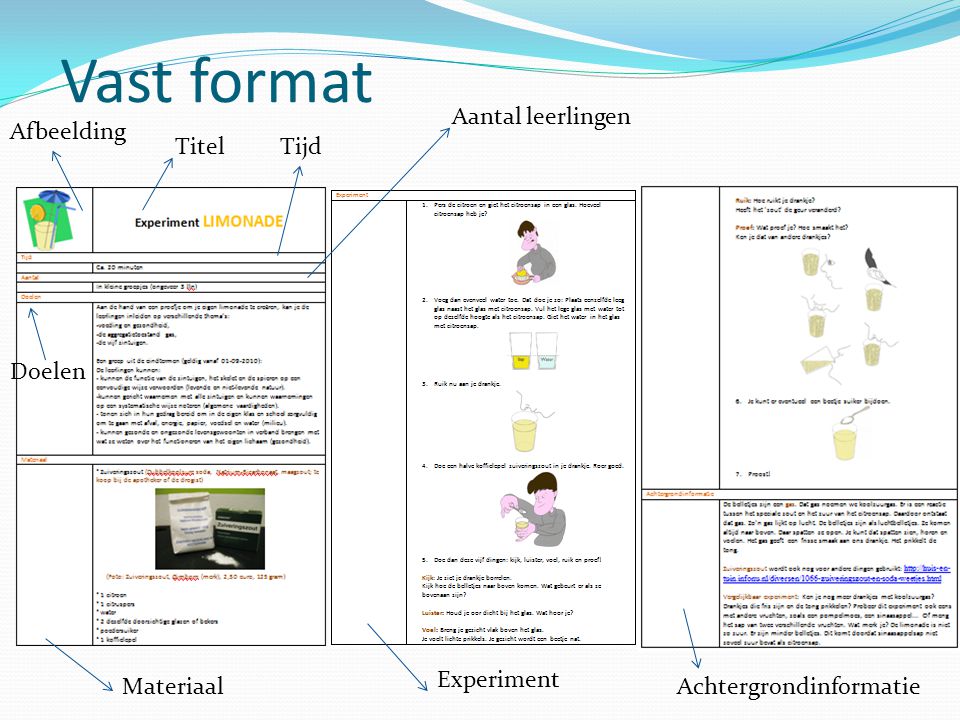 Vast format TitelTijd Aantal leerlingen Doelen Materiaal Experiment Achtergrondinformatie Afbeelding