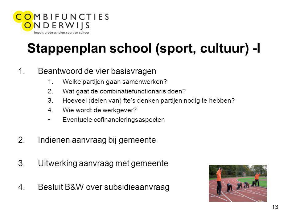 13 Stappenplan school (sport, cultuur) -I 1.Beantwoord de vier basisvragen 1.Welke partijen gaan samenwerken.