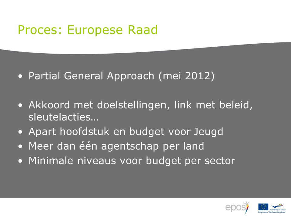 Proces: Europese Raad Partial General Approach (mei 2012) Akkoord met doelstellingen, link met beleid, sleutelacties… Apart hoofdstuk en budget voor Jeugd Meer dan één agentschap per land Minimale niveaus voor budget per sector