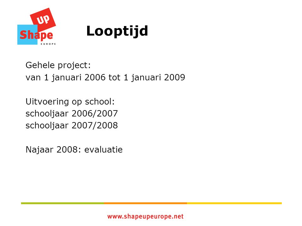 Looptijd Gehele project: van 1 januari 2006 tot 1 januari 2009 Uitvoering op school: schooljaar 2006/2007 schooljaar 2007/2008 Najaar 2008: evaluatie