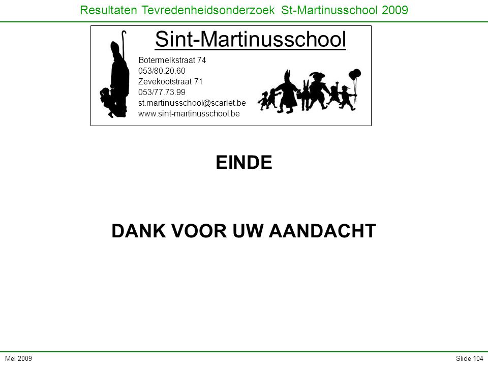 Mei 2009 Resultaten Tevredenheidsonderzoek St-Martinusschool 2009 Slide 104 Sint-Martinusschool Botermelkstraat / Zevekootstraat / EINDE DANK VOOR UW AANDACHT