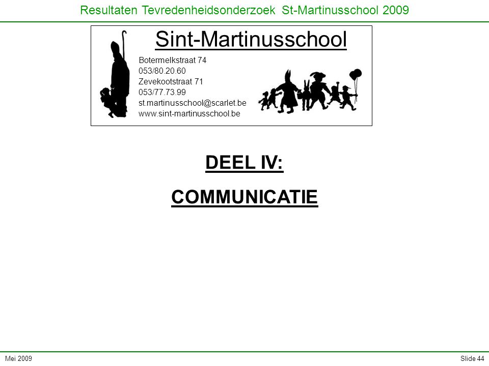 Mei 2009 Resultaten Tevredenheidsonderzoek St-Martinusschool 2009 Slide 44 Sint-Martinusschool Botermelkstraat / Zevekootstraat / DEEL IV: COMMUNICATIE