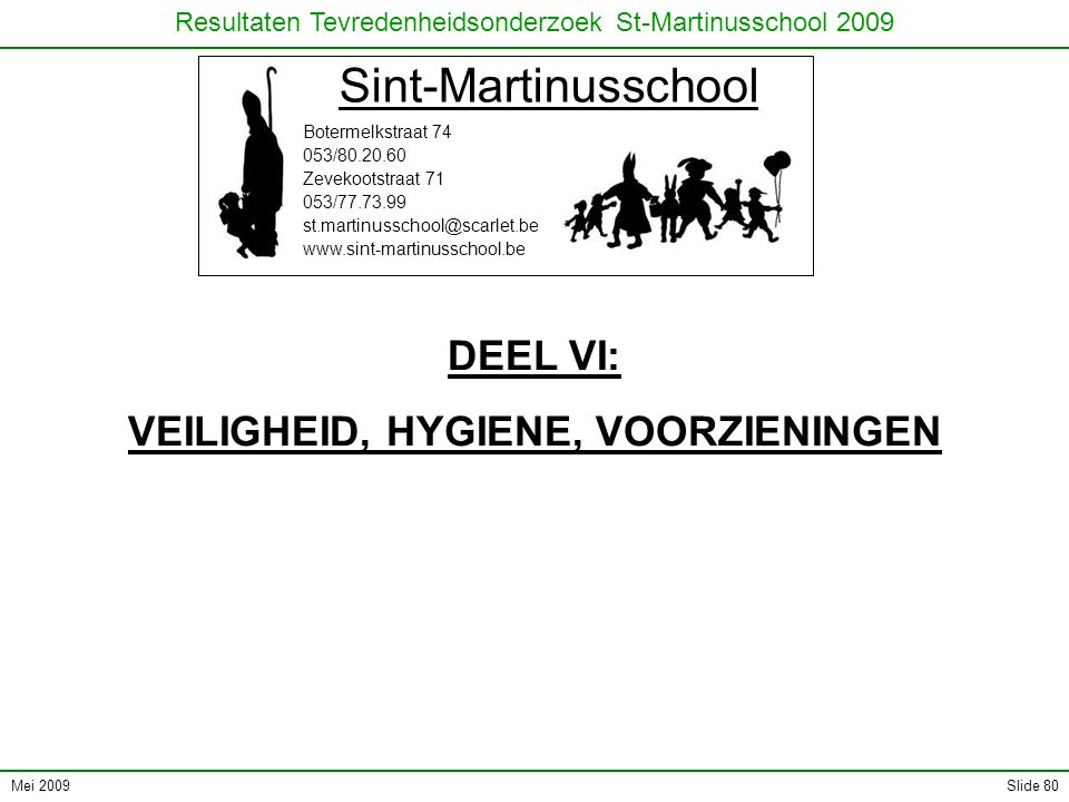 Mei 2009 Resultaten Tevredenheidsonderzoek St-Martinusschool 2009 Slide 80 Sint-Martinusschool Botermelkstraat / Zevekootstraat / DEEL VI: VEILIGHEID, HYGIENE, VOORZIENINGEN