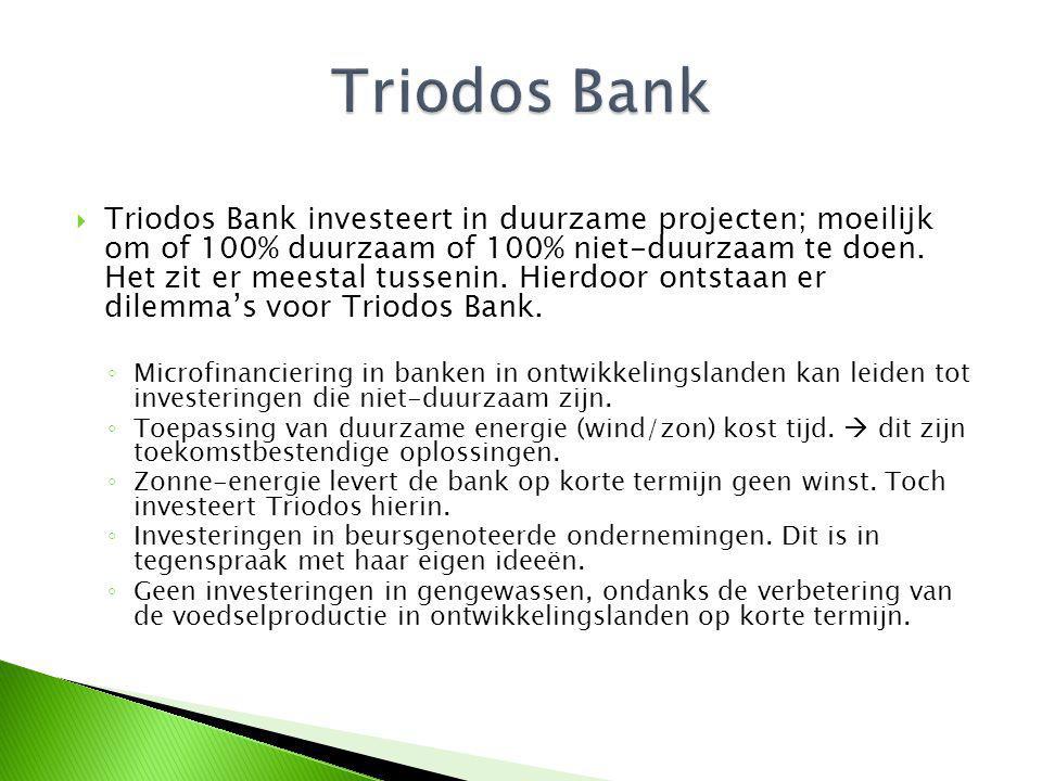  Triodos Bank investeert in duurzame projecten; moeilijk om of 100% duurzaam of 100% niet-duurzaam te doen.