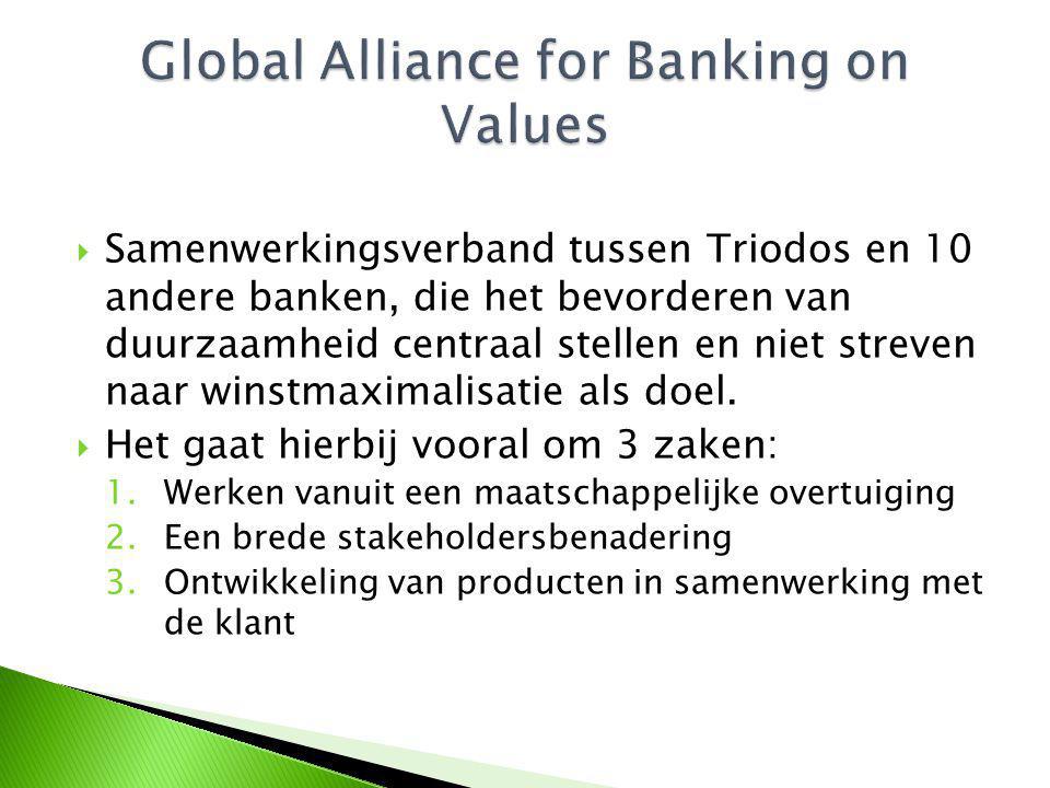  Samenwerkingsverband tussen Triodos en 10 andere banken, die het bevorderen van duurzaamheid centraal stellen en niet streven naar winstmaximalisatie als doel.