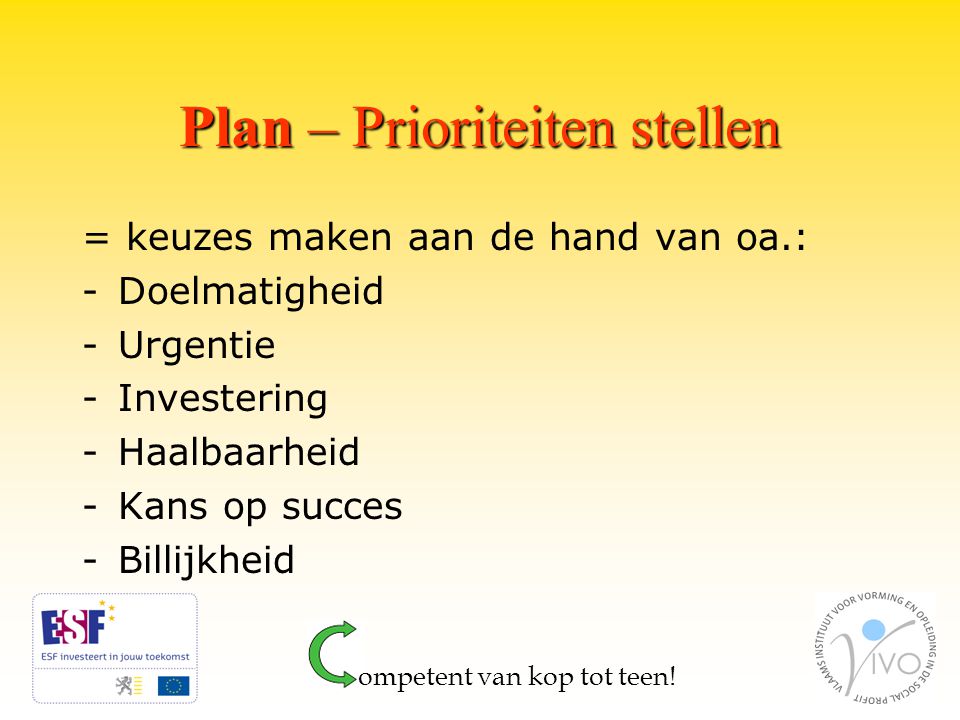Plan – Prioriteiten stellen = keuzes maken aan de hand van oa.: -Doelmatigheid -Urgentie -Investering -Haalbaarheid -Kans op succes -Billijkheid ompetent van kop tot teen!