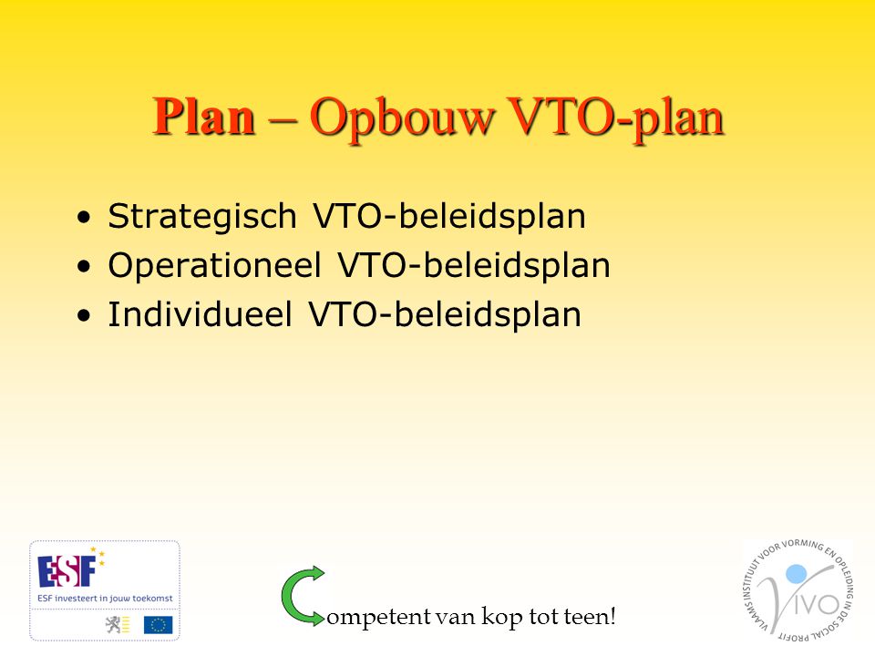Plan – Opbouw VTO-plan Strategisch VTO-beleidsplan Operationeel VTO-beleidsplan Individueel VTO-beleidsplan ompetent van kop tot teen!