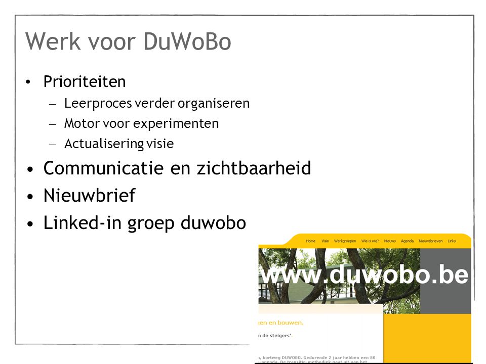 Werk voor DuWoBo Prioriteiten – Leerproces verder organiseren – Motor voor experimenten – Actualisering visie Communicatie en zichtbaarheid Nieuwbrief Linked-in groep duwobo