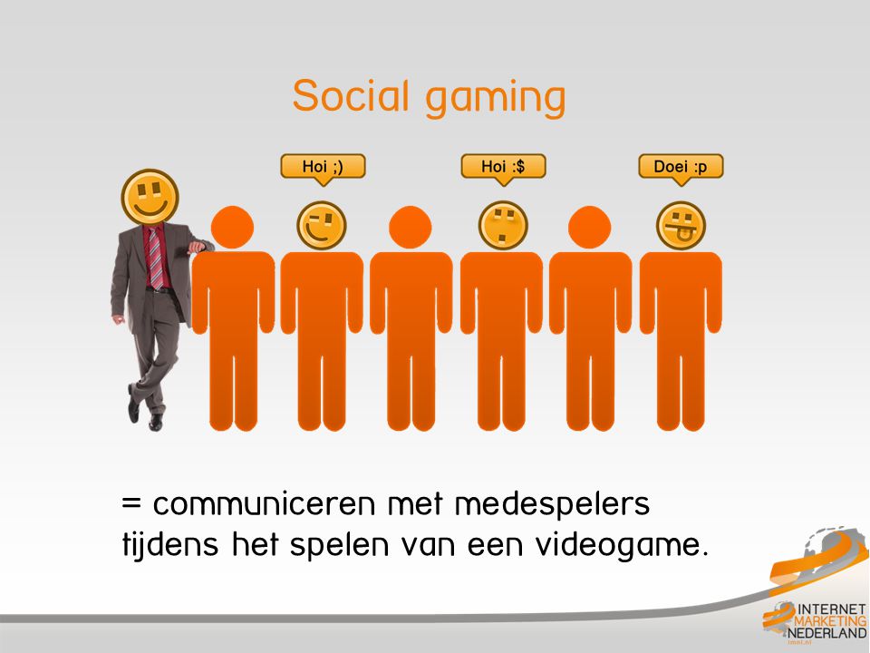 Social gaming = communiceren met medespelers tijdens het spelen van een videogame.