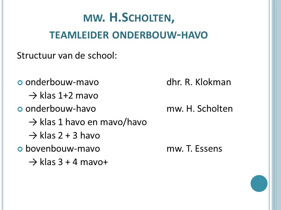 MW. H.S CHOLTEN, TEAMLEIDER ONDERBOUW - HAVO Structuur van de school: onderbouw-mavo dhr.