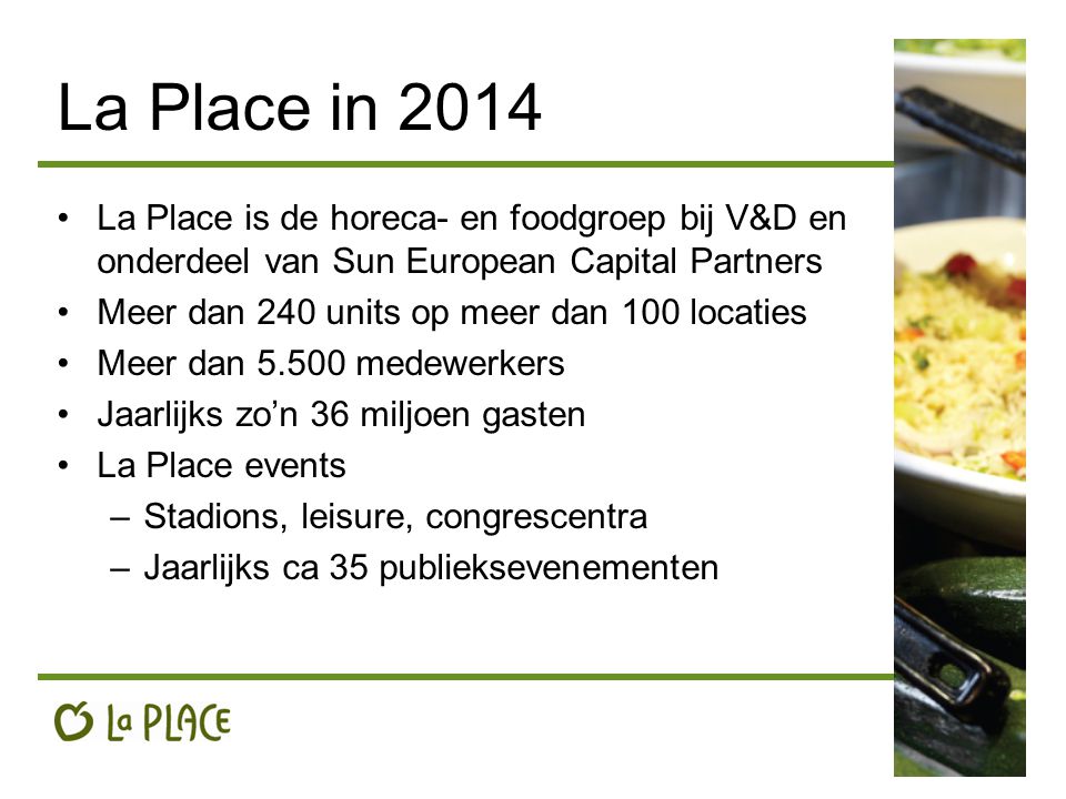 La Place in 2014 La Place is de horeca- en foodgroep bij V&D en onderdeel van Sun European Capital Partners Meer dan 240 units op meer dan 100 locaties Meer dan medewerkers Jaarlijks zo’n 36 miljoen gasten La Place events –Stadions, leisure, congrescentra –Jaarlijks ca 35 publieksevenementen