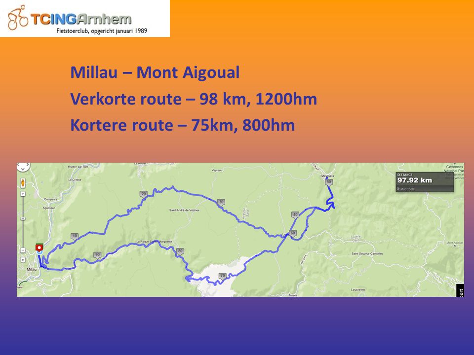 Millau – Mont Aigoual Verkorte route – 98 km, 1200hm Kortere route – 75km, 800hm