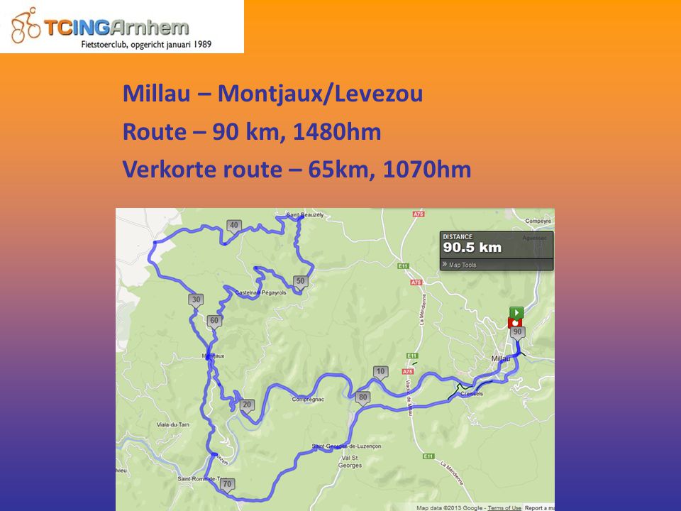 Millau – Montjaux/Levezou Route – 90 km, 1480hm Verkorte route – 65km, 1070hm