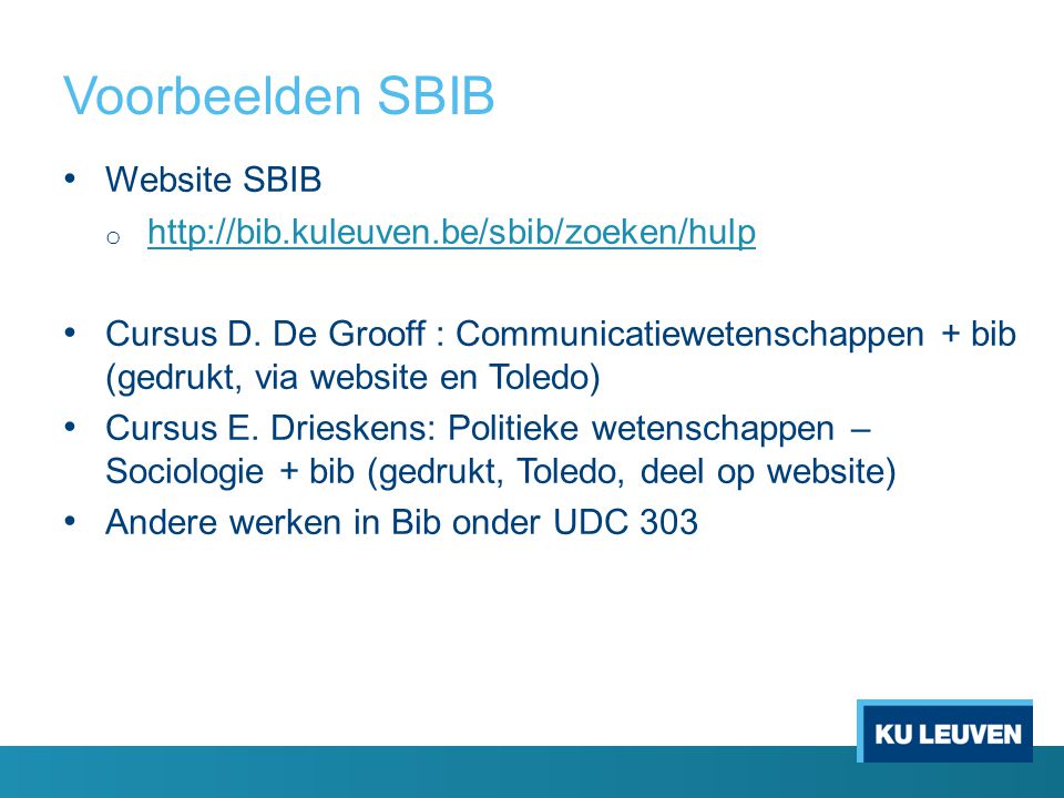 Voorbeelden SBIB Website SBIB o     Cursus D.