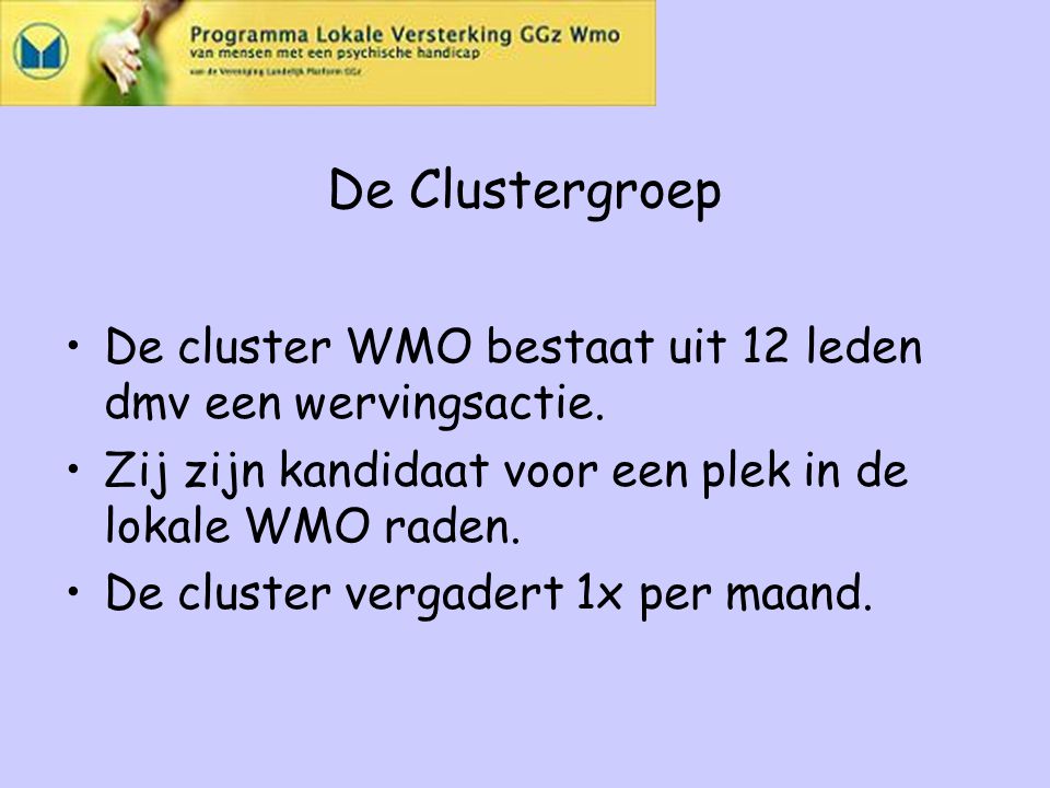 De Clustergroep De cluster WMO bestaat uit 12 leden dmv een wervingsactie.