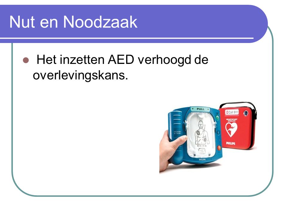 Nut en Noodzaak Het inzetten AED verhoogd de overlevingskans.