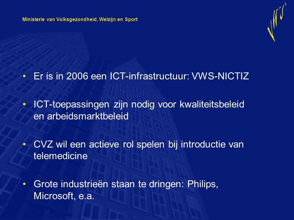 Ministerie van Volksgezondheid, Welzijn en Sport Er is in 2006 een ICT-infrastructuur: VWS-NICTIZ ICT-toepassingen zijn nodig voor kwaliteitsbeleid en arbeidsmarktbeleid CVZ wil een actieve rol spelen bij introductie van telemedicine Grote industrieën staan te dringen: Philips, Microsoft, e.a.