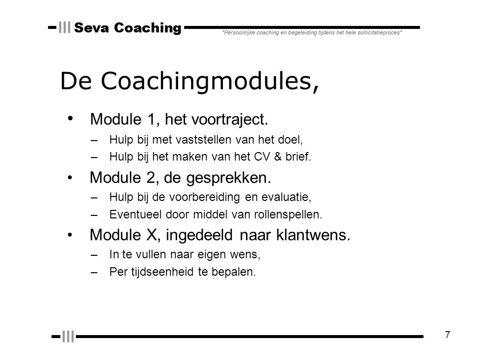 7 De Coachingmodules, Module 1, het voortraject.