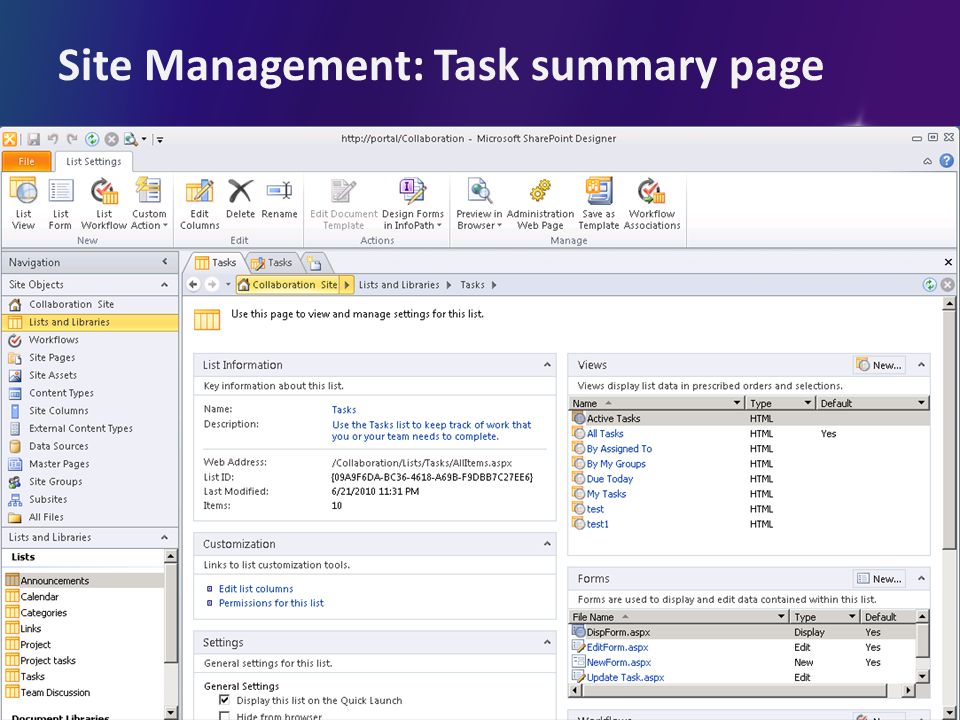 Site Management: Task summary page