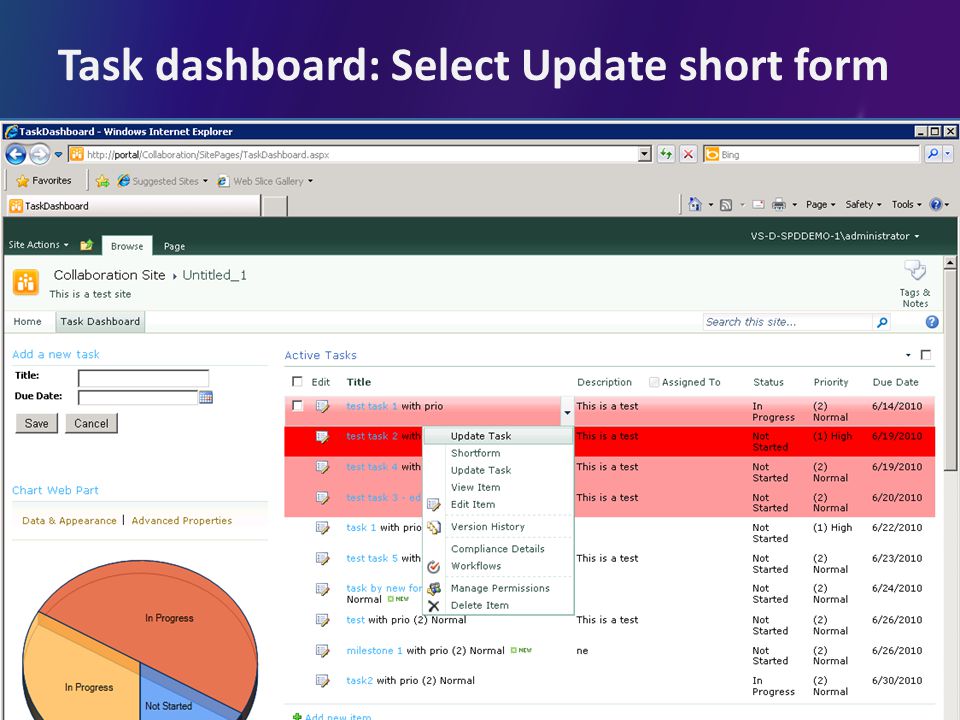 Task dashboard: Select Update short form