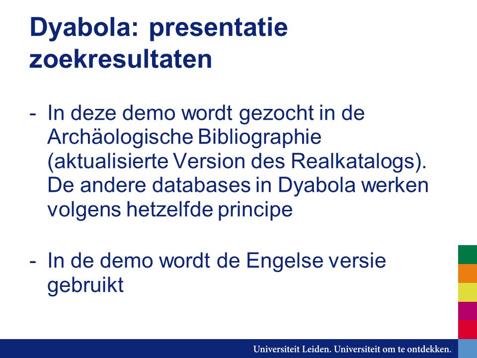 Dyabola: presentatie zoekresultaten -In deze demo wordt gezocht in de Archäologische Bibliographie (aktualisierte Version des Realkatalogs).