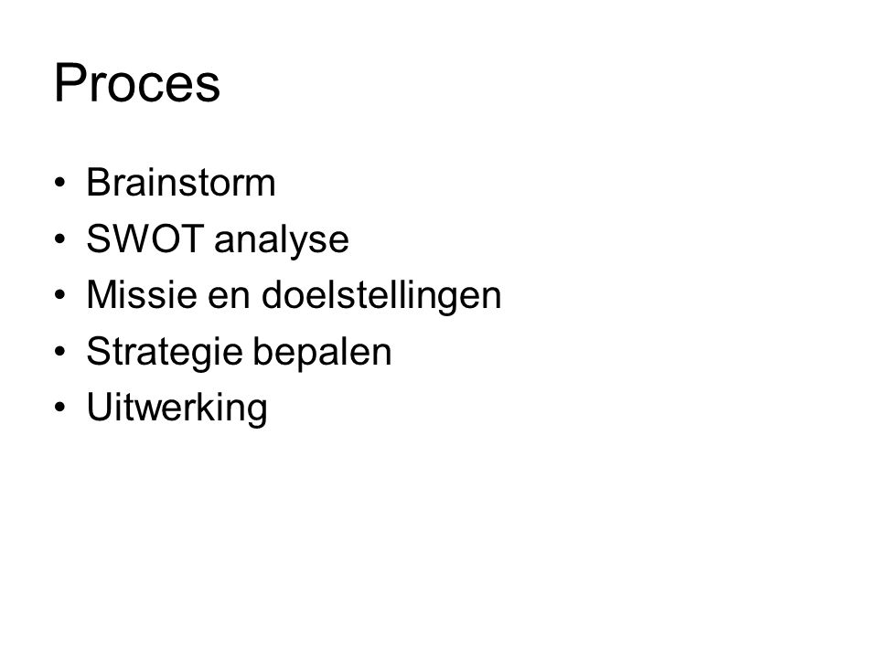 Proces Brainstorm SWOT analyse Missie en doelstellingen Strategie bepalen Uitwerking