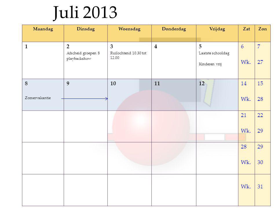 Juli 2013 MaandagDinsdagWoensdagDonderdagVrijdagZatZon 12 Afscheid groepen 8 playbackshow 3 Ruilochtend tot Laatste schooldag Kinderen vrij 6 Wk.
