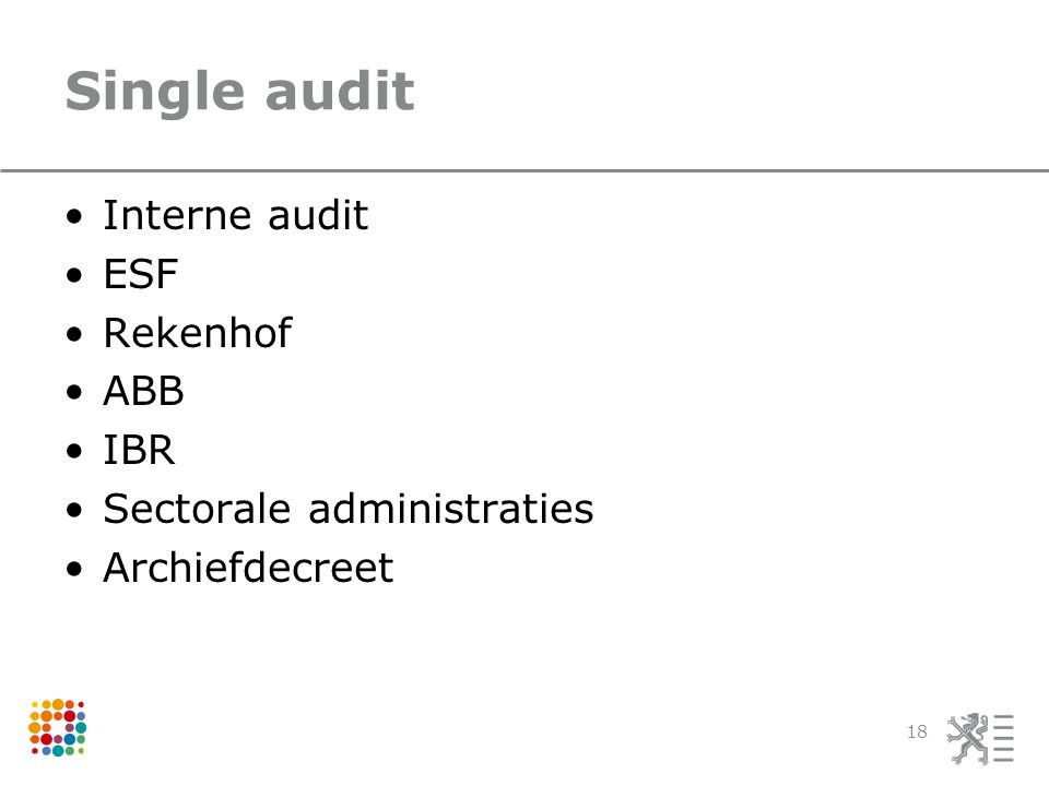 Single audit Interne audit ESF Rekenhof ABB IBR Sectorale administraties Archiefdecreet 18
