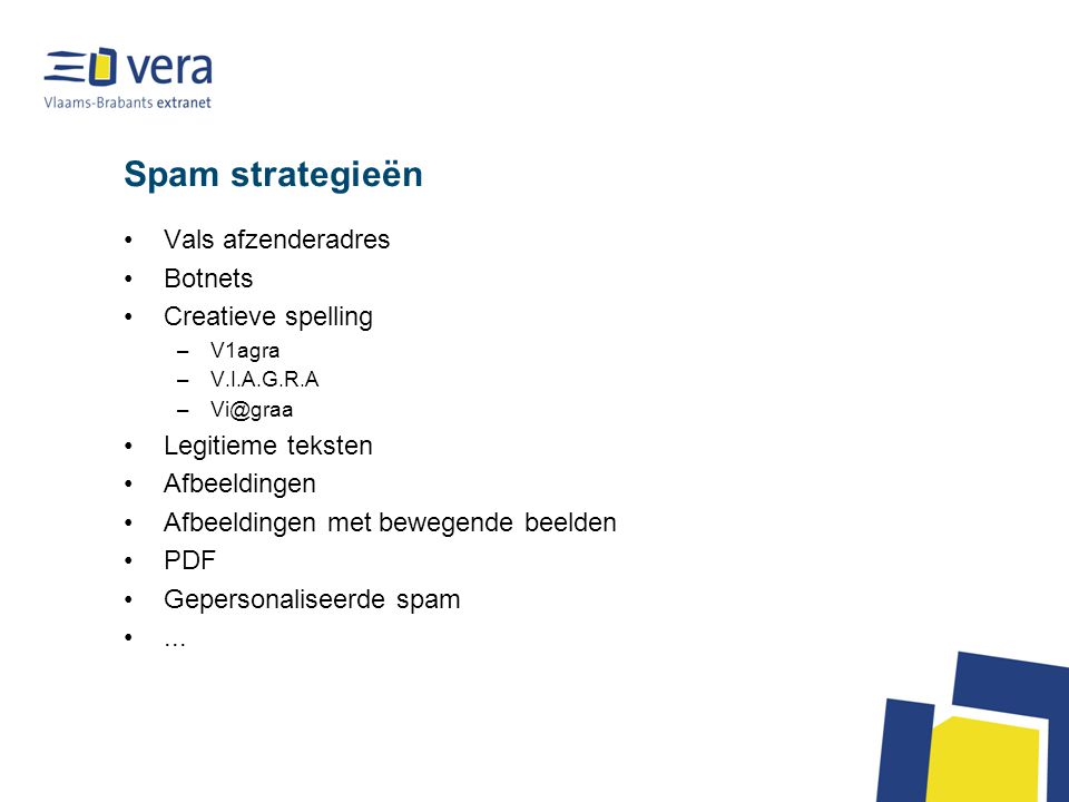Spam strategieën Vals afzenderadres Botnets Creatieve spelling –V1agra –V.I.A.G.R.A Legitieme teksten Afbeeldingen Afbeeldingen met bewegende beelden PDF Gepersonaliseerde spam...