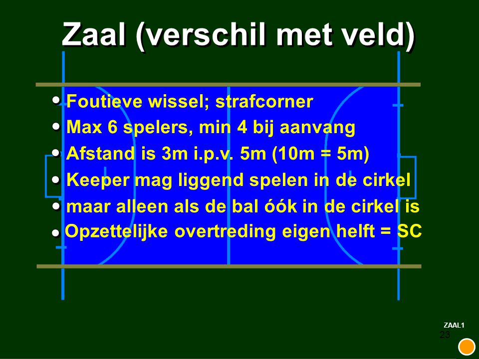 23 Zaal (verschil met veld) Foutieve wissel; strafcorner Max 6 spelers, min 4 bij aanvangAfstand is 3m i.p.v.