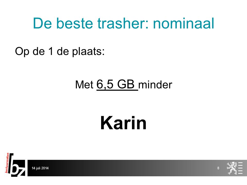 De beste trasher: nominaal Op de 1 de plaats: Met 6,5 GB minder Karin 14 juli 20148