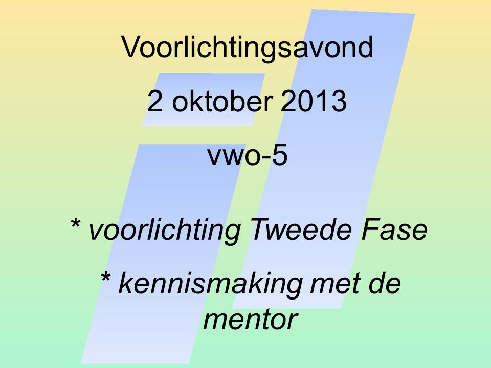 Voorlichtingsavond 2 oktober 2013 vwo-5 * voorlichting Tweede Fase * kennismaking met de mentor