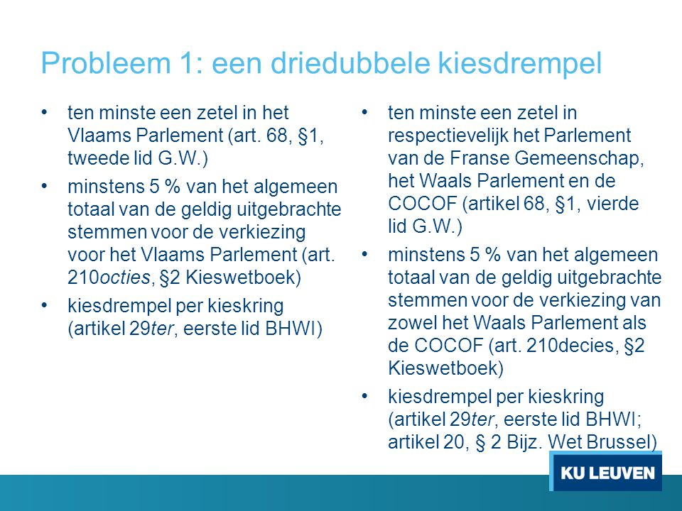 Probleem 1: een driedubbele kiesdrempel ten minste een zetel in het Vlaams Parlement (art.