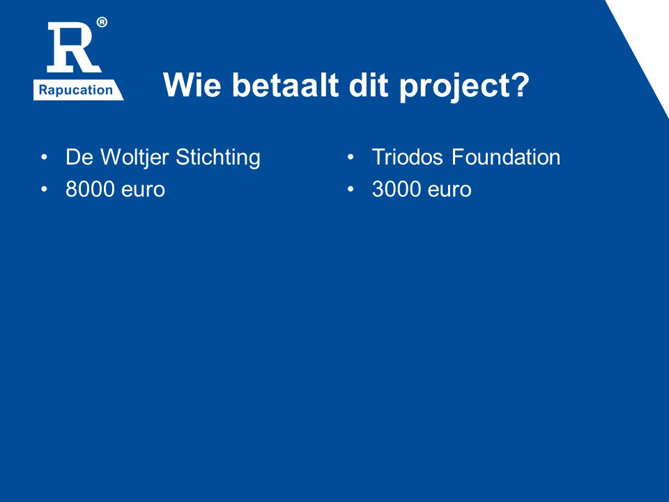 Wie betaalt dit project De Woltjer Stichting 8000 euro Triodos Foundation 3000 euro