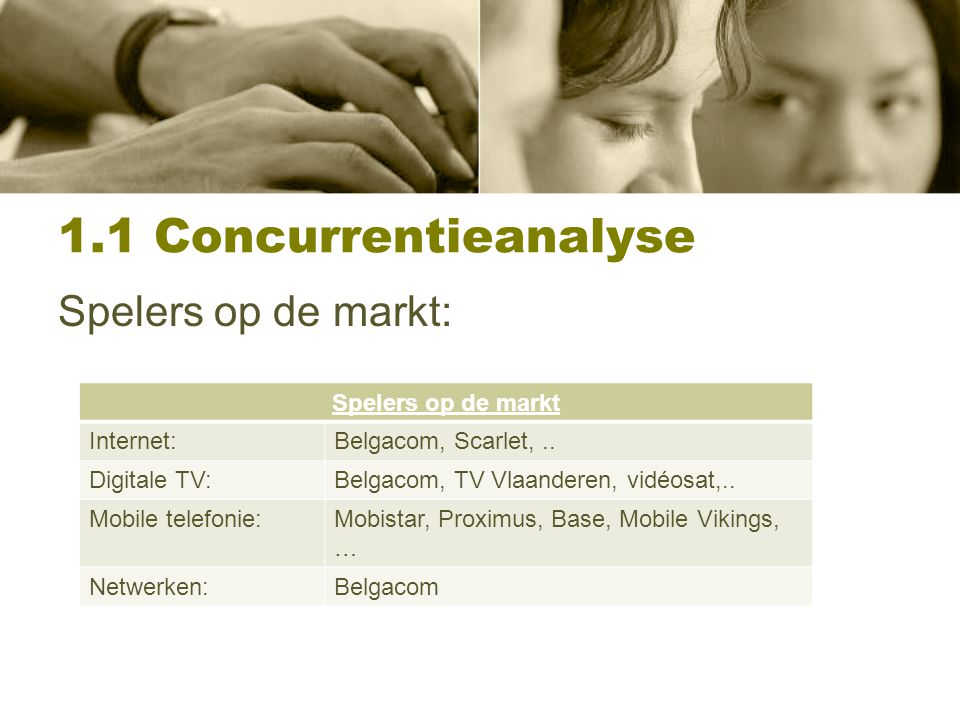 1.1 Concurrentieanalyse Spelers op de markt: Spelers op de markt Internet:Belgacom, Scarlet,..