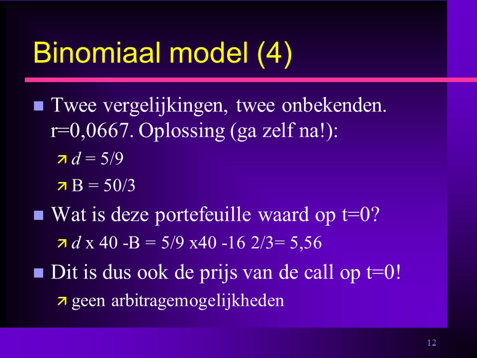 12 Binomiaal model (4) n Twee vergelijkingen, twee onbekenden.