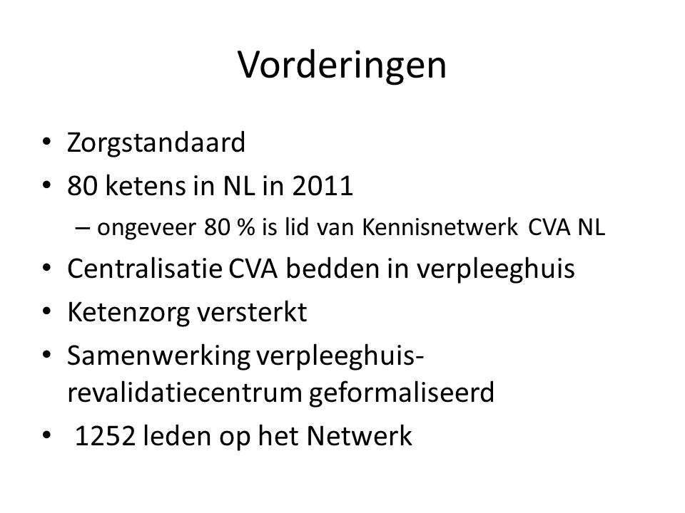 Vorderingen Zorgstandaard 80 ketens in NL in 2011 – ongeveer 80 % is lid van Kennisnetwerk CVA NL Centralisatie CVA bedden in verpleeghuis Ketenzorg versterkt Samenwerking verpleeghuis- revalidatiecentrum geformaliseerd 1252 leden op het Netwerk